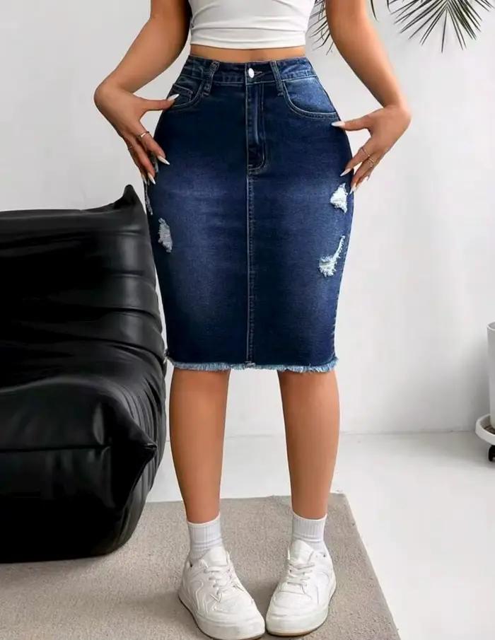 Jupe en jean extensible taille haute pour femme avec ourlet déchiré et effiloché, longueur genou, st