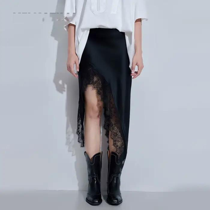 Été noir Satin Jupe Midi femmes dentelle Patchwork Jupe asymétrique taille haute fente couleur unie 