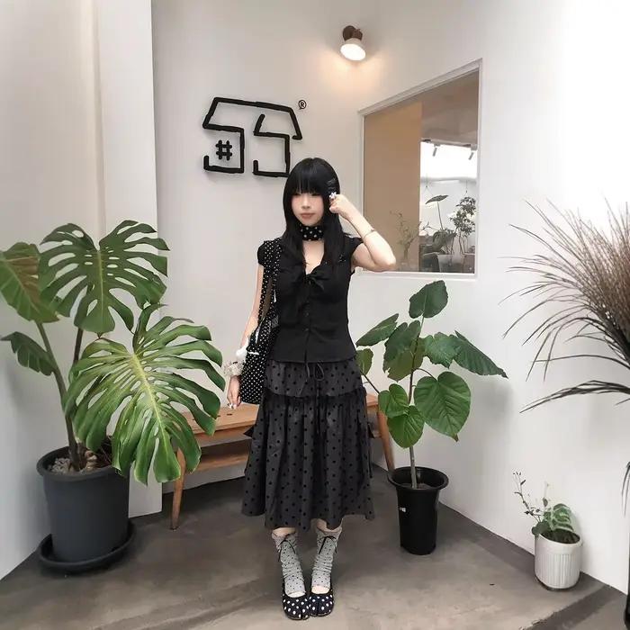 Jupe mi-longue coréenne rétro à pois pour femme, taille élastique polyvalente avec poche doublée, co
