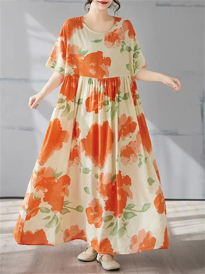 Coton Vintage à manches courtes robes florales pour femmes décontracté ample longue Robe Orange Femm