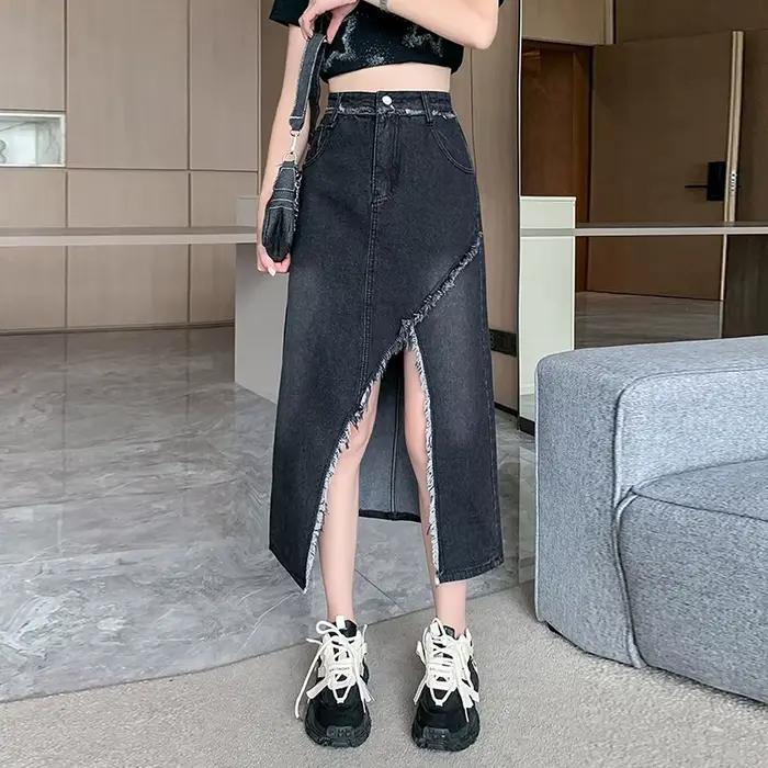 Coréen avant fendu Denim jupe longue femmes 2025 été taille haute une ligne jean jupes femme Streetw