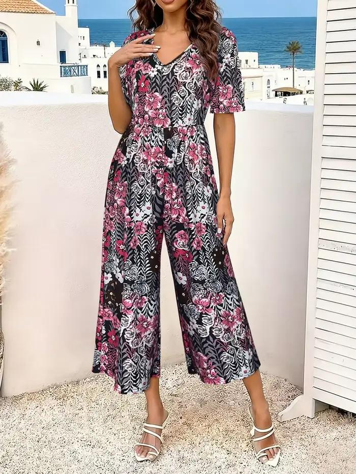 Combinaison à manches courtes pour femmes, imprimé floral rose, décontractée d'été, col en V, taille