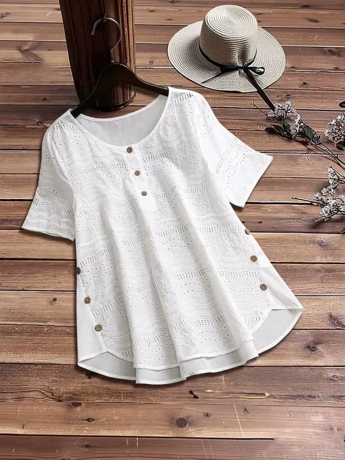 Chemise tunique à manches courtes pour femme, style bohème chic, blanche, à œillets, col rond, bouto