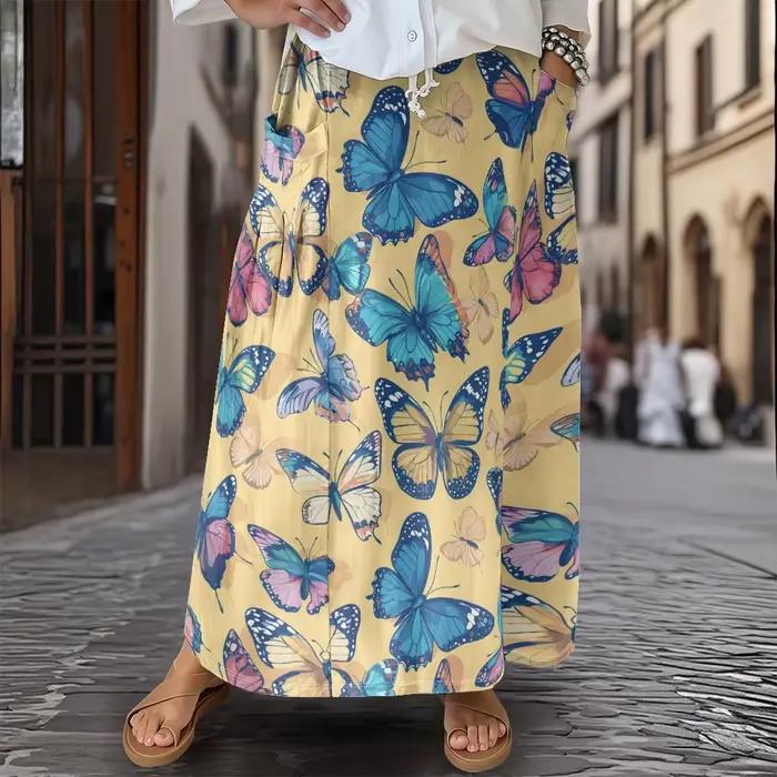 Jupe mi-longue fluide à imprimé papillon pour femmes, avec poches latérales, jupe d'été trapèze déco