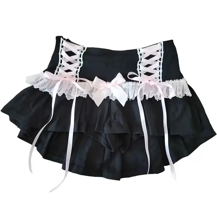 Jupes plissées mignonnes pour filles douces, taille haute, bordure en dentelle, nœud rose, style Lol
