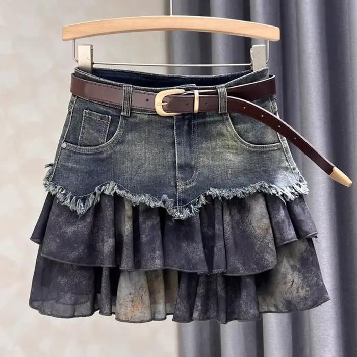 Jupe en jean épissé pour femmes, jupe gâteau superposée, nouvelle jupe courte trapèze amincissante t