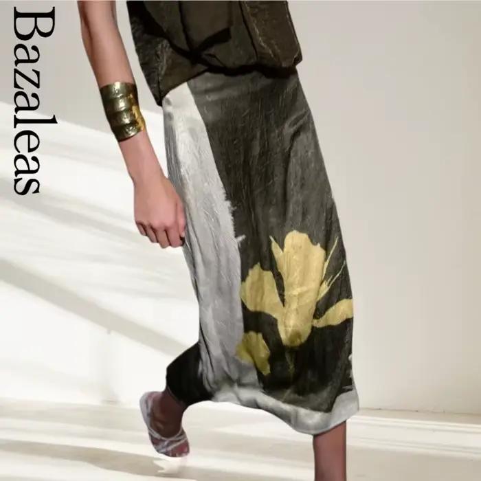 Bazaleas 2025 basique imprimé fleuri Patchwork Midi jupes rétro décontracté vert dame jupe élégante 