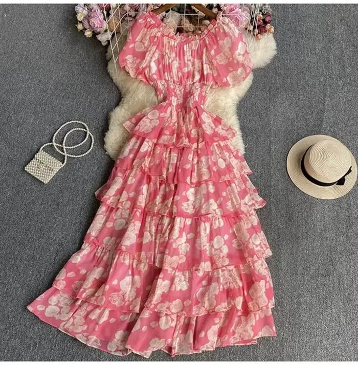 Robe longue à volants pour femme, imprimé floral, manches bouffantes, col carré, coupe trapèze, pour