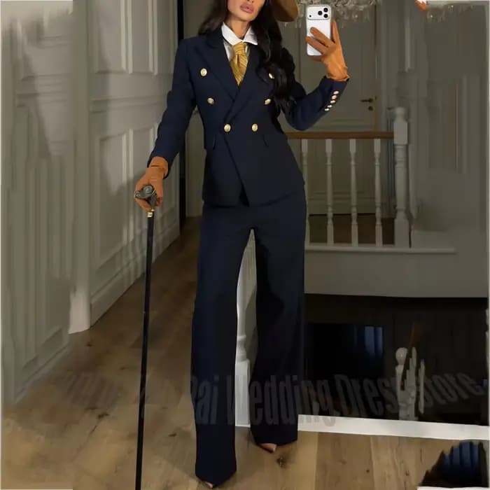 Costume bleu marine pour femmes, ajusté régulier, personnalisé, Blazer à revers, tenue professionnel