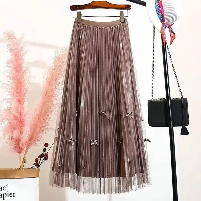 Demi-jupe en maille perlée Double face, ligne a plissée, amincissante, nœud papillon, en Tulle, nouv