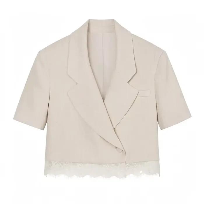 Blazer court blanc pour femme, nouvelle collection été 2026, à manches courtes, orné de dentelle, se