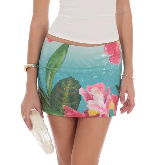 Lamuusaa – Mini jupe à paillettes y2k pour femmes, élégante, imprimé floral, taille basse, moulante,