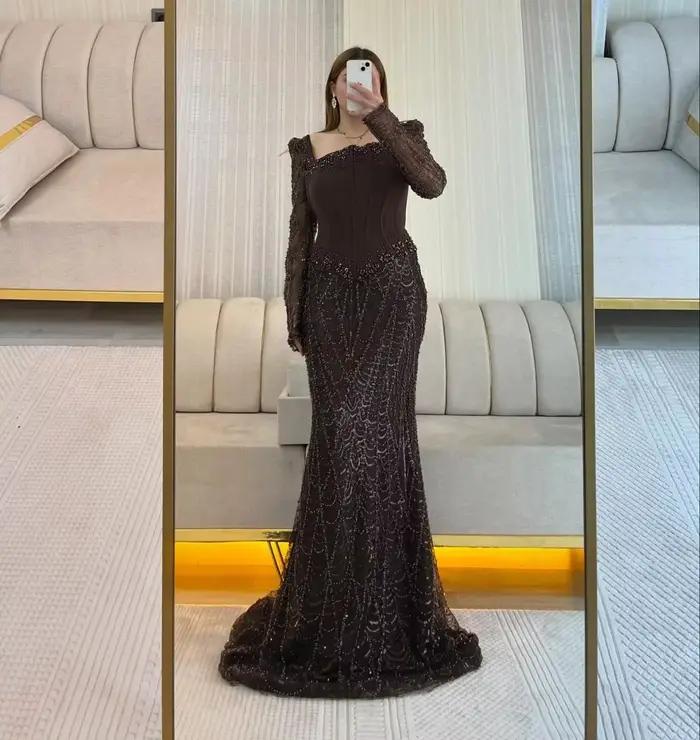 Robes de bal longues à manches longues marron, dentelle et perles, Arabie Saoudite, Dubaï, robe de s