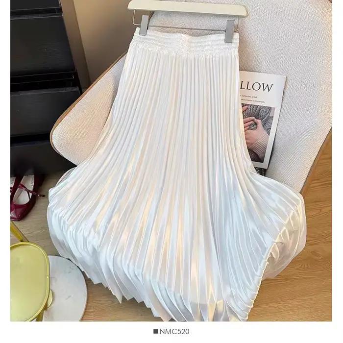 Jupe plissée en satin pour filles, taille élastique, longue, ligne A, élégante, sans doublure, basiq