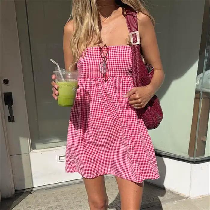 Femmes vichy Mini robe Cami Plaid Spaghetti sangle dentelle garniture robe courte col carré dos ouve