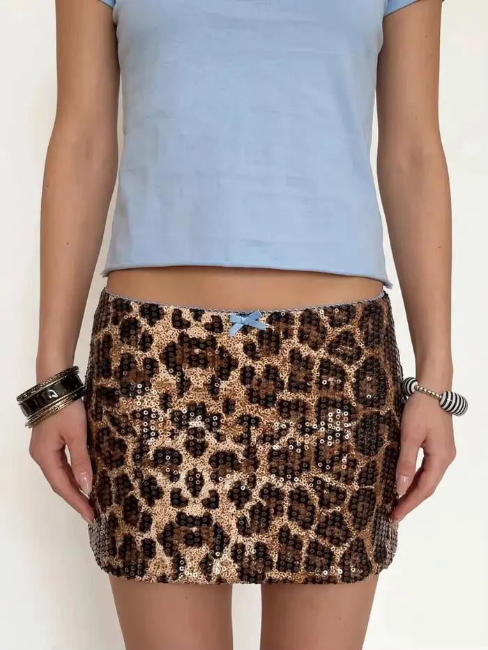 Jupe à sequins imprimée léopard style rétro avec nœud bleu, taille basse, jupe imprimée léopard styl