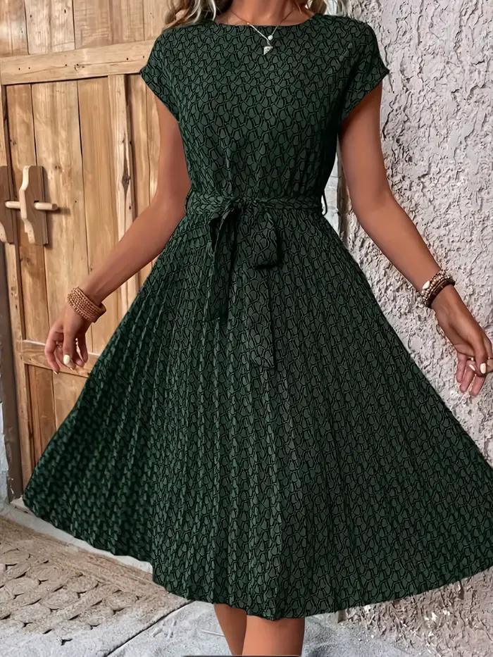 Robe mi-longue plissée vert Olive, col rond, avec ceinture à nouer, sans effort, élégante pour les f