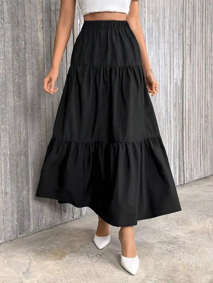 Jupe à ourlet à volants pour femmes, jupe trapèze taille haute de couleur unie, coupe ample décontra