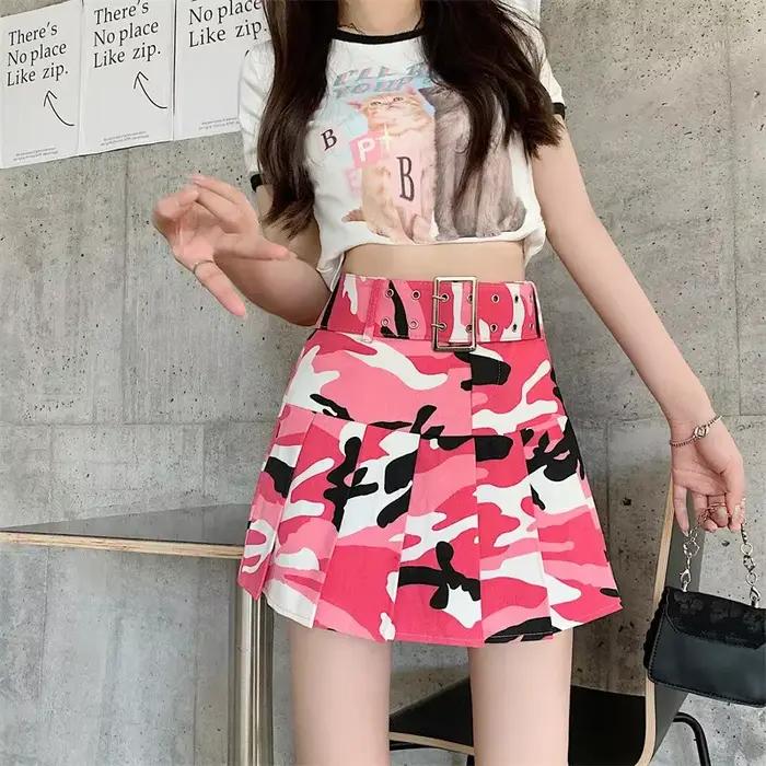 robe d'été femme Rue femmes Camouflage Denim plissé Mini jupes danse école filles taille haute ceint