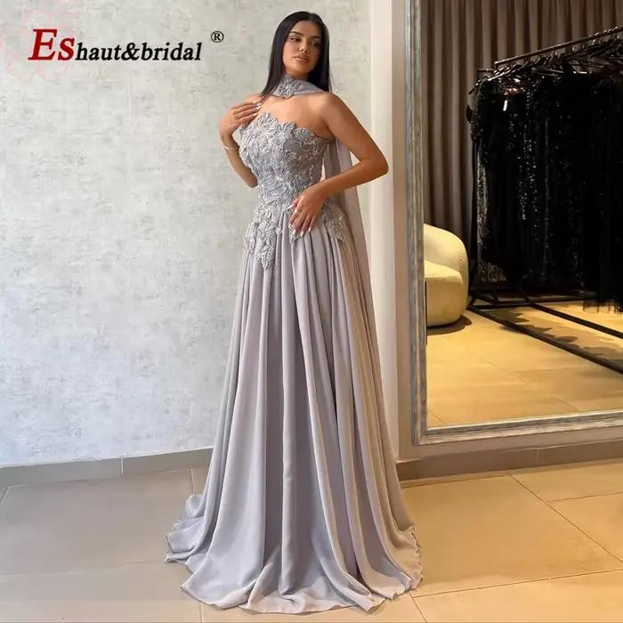 Robe de soirée élégante sans bretelles coupe trapèze avec perles pour femme 2026 – Robe longue de lu