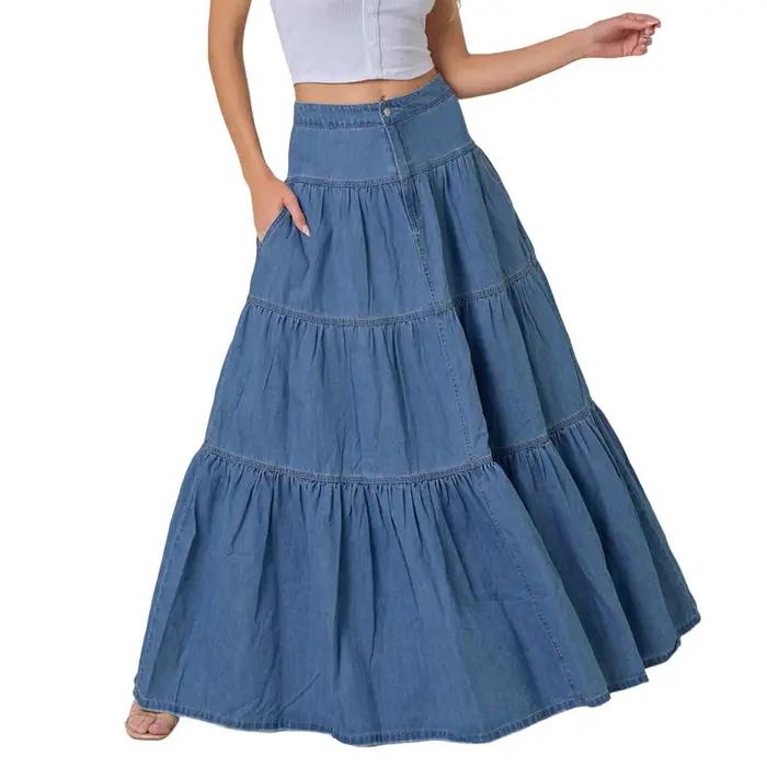 Jupe longue en Denim pour femmes, nouvelle mode, élégante, couleur unie, taille haute, ligne a, pour