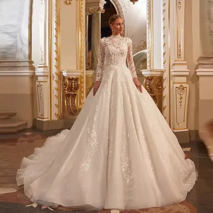 Robe De mariée en dentelle à manches longues, ligne a, col haut, boutons, musulmane, avec des appliq