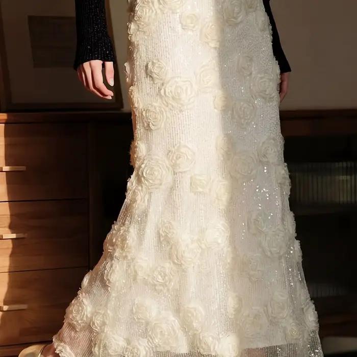 Jupe longue sirène à sequins pour femme, nouvelle collection 2026, avec fleurs en relief, taille hau
