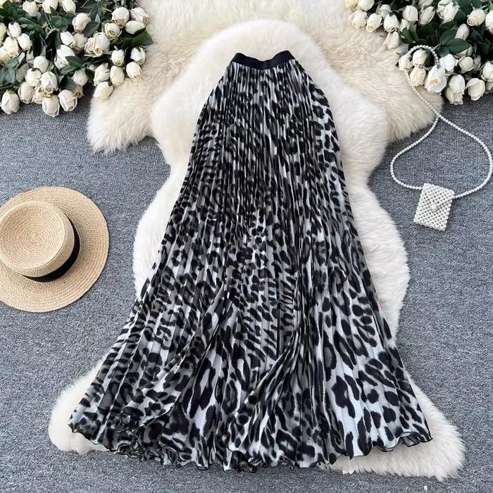 Jupes plissées longues et droites pour femme, taille haute, imprimé léopard vintage, style Seoulish,