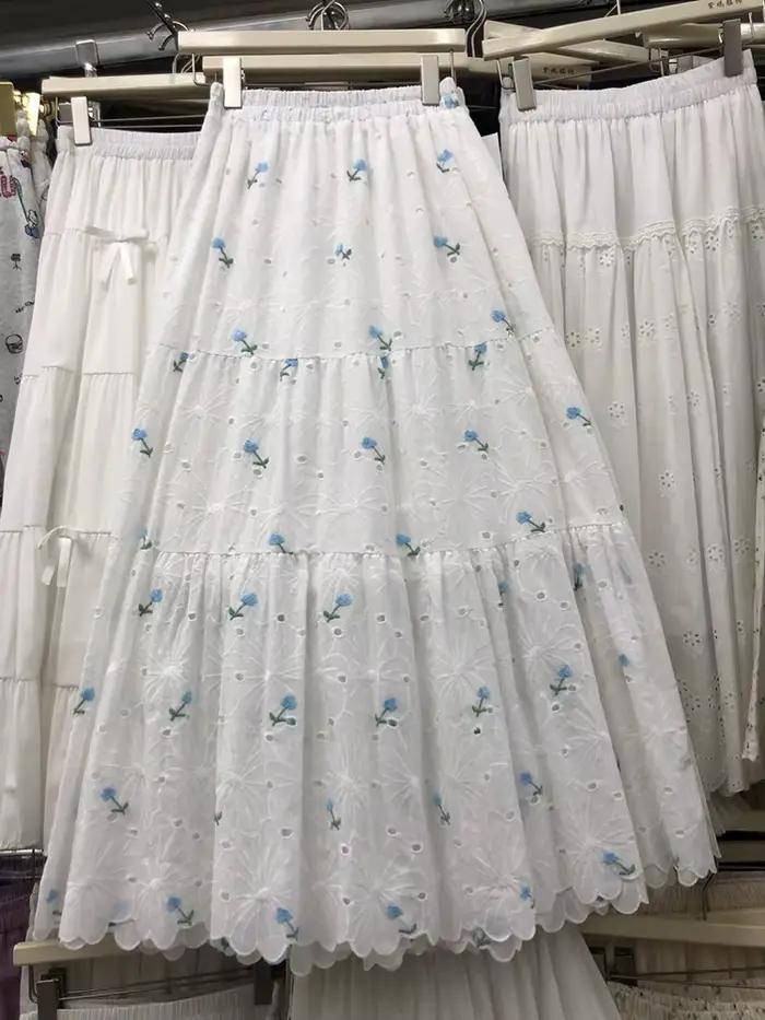 LANMREM brodé dentelle florale jupe Midi pour les femmes 2025 été automne doux a-ligne jupes longues