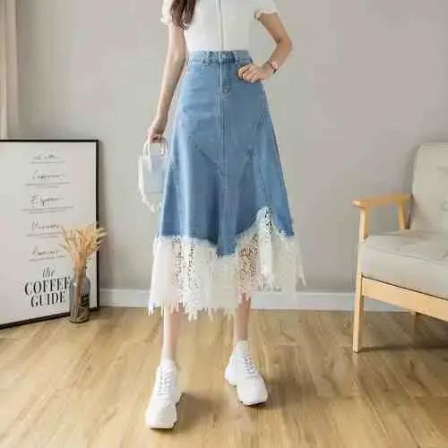 Jupe en jean Patchwork en dentelle pour femmes, nouvelle collection d'été rétro, taille haute, aminc