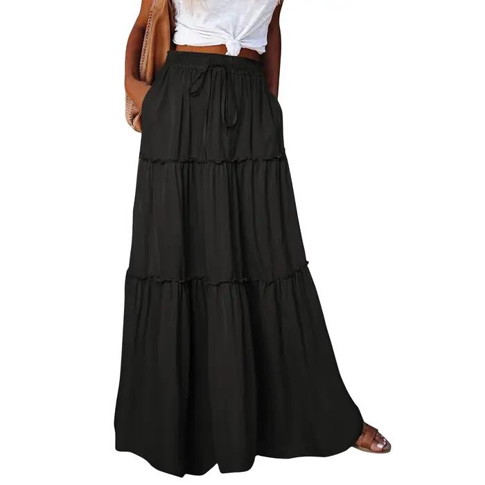 Jupe longue pour femme, couleur unie, taille élastique, coupe ample, décontractée, taille haute, pol