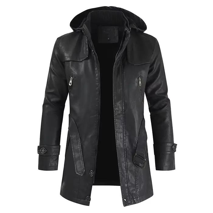 Blouson d'hiver en cuir PU homme, long et chaud, à capuche, à la mode