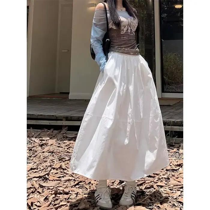 Jupe trapèze mi-longue en pur coton blanc pour femmes, grande jupe trapèze drapée, taille haute, nou