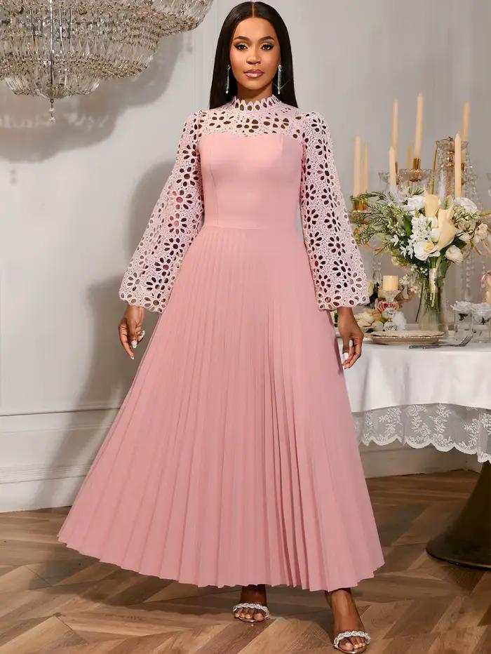 Robe longue plissée en dentelle Patchwork rose, col rond, manches lanternes, élégante, décontractée,