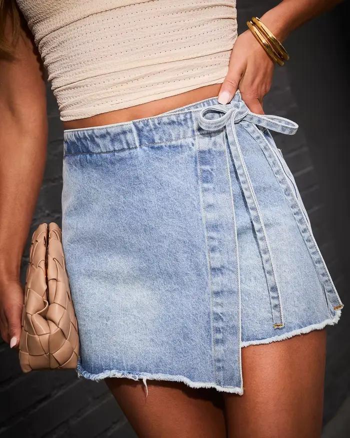 Jupe-culotte en jean pour femme, coupe trapèze, taille haute, ajustée, boutonnée, élégante, à lacets