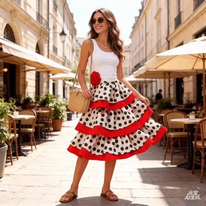 Jupe midi à volants pour femme, noire et blanche à pois, avec bordure rouge, taille haute, style vin