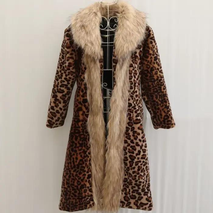 Manteau Long en fausse fourrure léopard pour femme, Cardigan épais en fausse fourrure de renard, col
