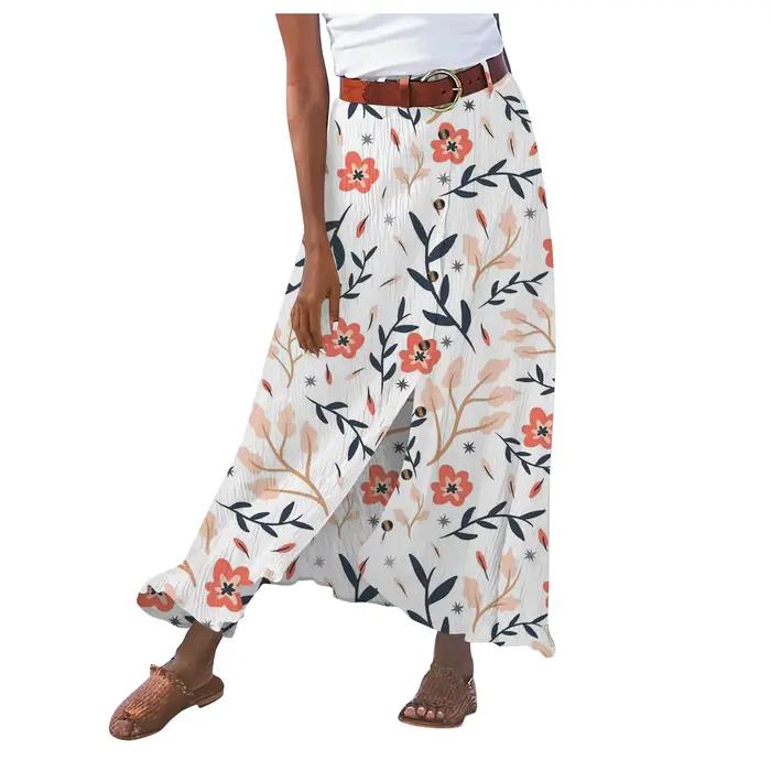 Jupe d'été en coton et lin pour femmes, fendue à boutons importants, imprimé floral, mode polyvalent