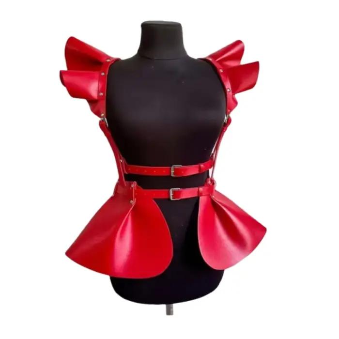 Jupe à bretelles sexy style cyberpunk, avec ourlet à volants rétro, ceinture corset en cuir, coupe t
