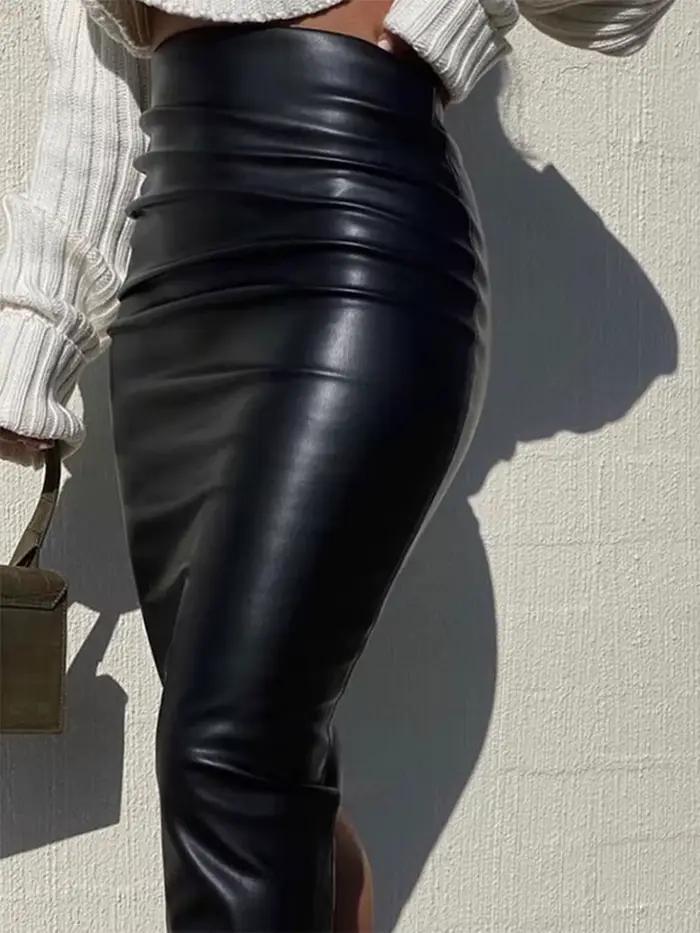 Lautaro-Jupe crayon froncée en cuir PU souple et extensible pour femme, tenue de bureau taille haute
