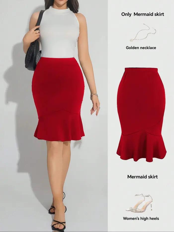 Jupe sirène rouge taille haute pour femme, moulante, à volants, extensible, coupe ajustée, sexy, élé