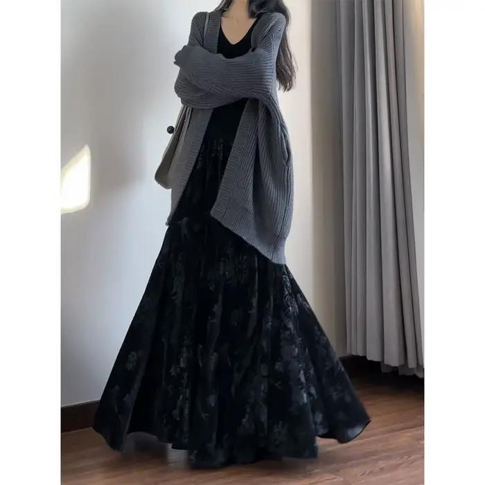 Jupe longue en velours taille haute, style chinois imprimé, élégante pour le quotidien, mi-extensibl