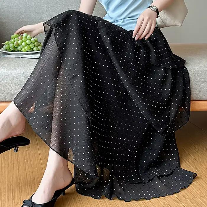 Jupe asymétrique à volants pour femme, nouvelle collection 2026, taille haute, à pois, coupe trapèze