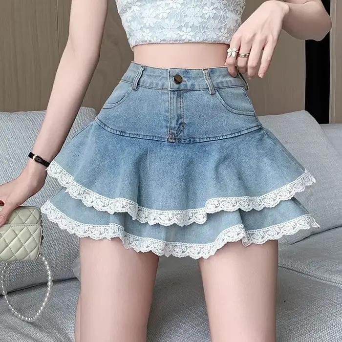 Jupes en jean pour femmes, nouvelle mode printemps été, taille haute, décoration en dentelle, short,
