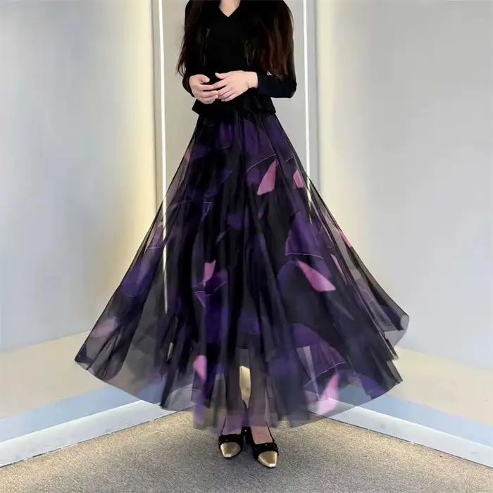 2025 nouvelle jupe femmes jupe longue taille haute a-ligne grande balançoire kirt femme impression j