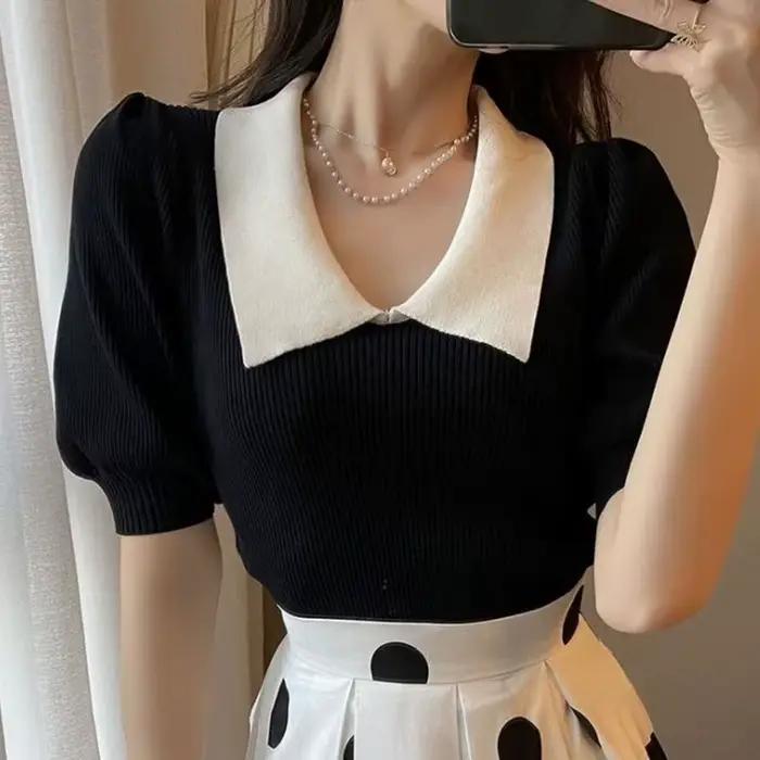 Jupe à pois et haut à manches bulles, costume deux pièces, robe mince, rétro français, mode Hepburn,