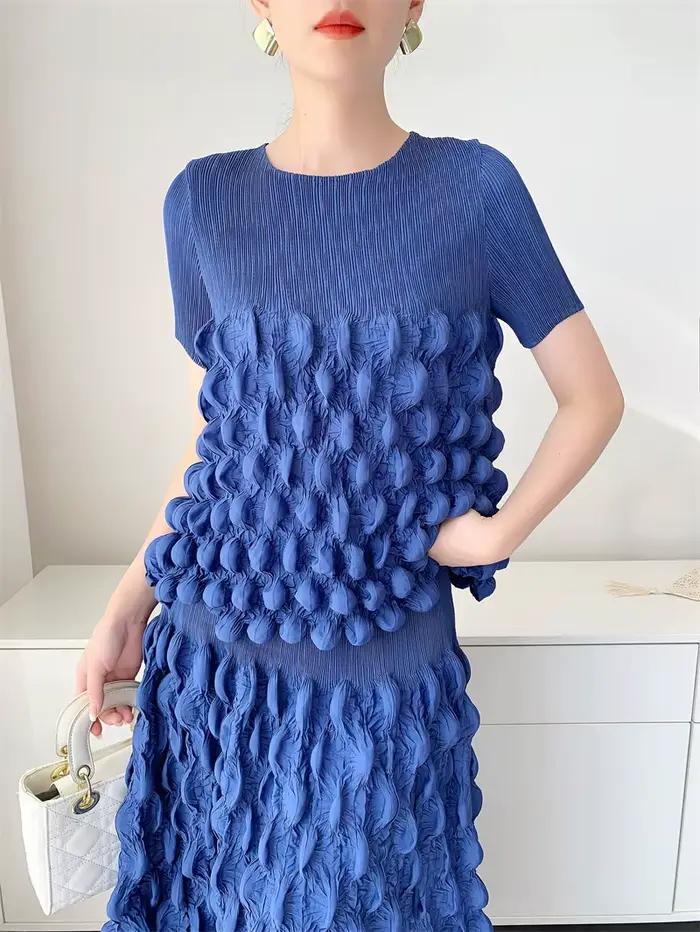 Miyake – ensemble jupe à bulles pliée à la main pour femmes, haut à manches courtes, demi-jupe, ense