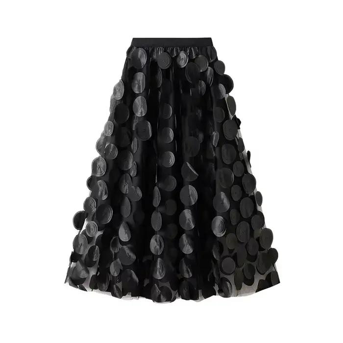 Jupe en mousseline de soie noire à pois tridimensionnels, douce et fraîche, avec taille élastique et