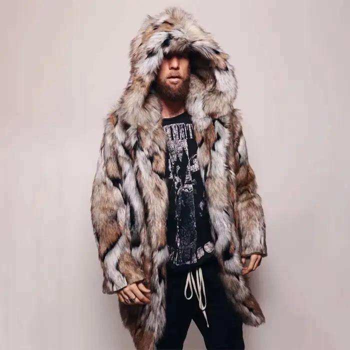 Hommes fausse fourrure veste manteau à capuche mi-longue pardessus hiver chaud épais moelleux Shaggy