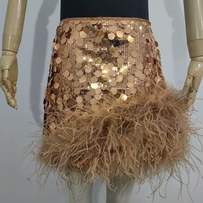 Jupe à paillettes pour femmes, longueur 38 centimètres, plus 100% plumes d'autruche, brillante, élég